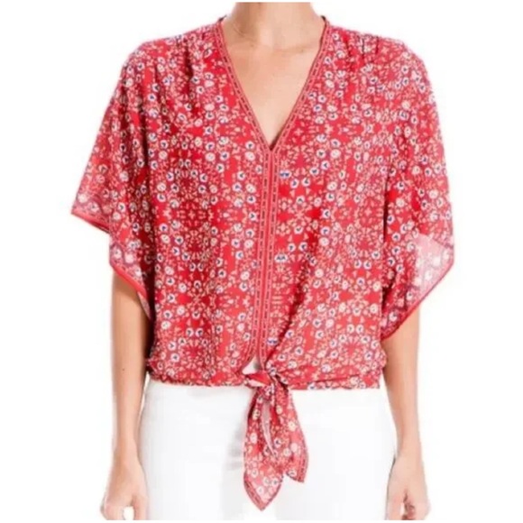 Max Studio Red Floral Tie Waist Angel Sleeve Kimono Style Blouse Size Large - Picture 11 of 11